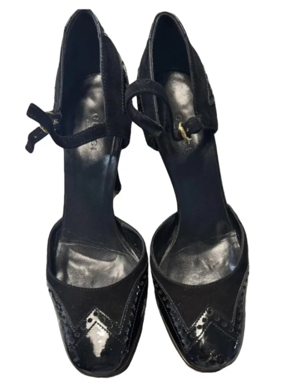 GUCCI Tom Ford  black leather wingtip Mary Jane heels distinctive brogue design